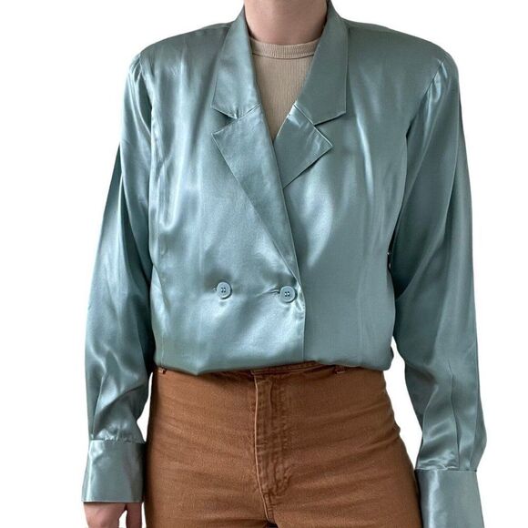 Vintage 80s Womens Blue Double Breasted 100% Silk Preppy Sexy Blouse Sz L - Picture 3 of 13